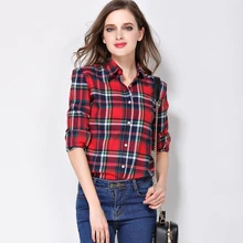 Women Shirt Blouses Plus Size 2019 Hot New Spring Flannel Cotton Long Sleeve Plaid Casual Female Loose College Style Tops