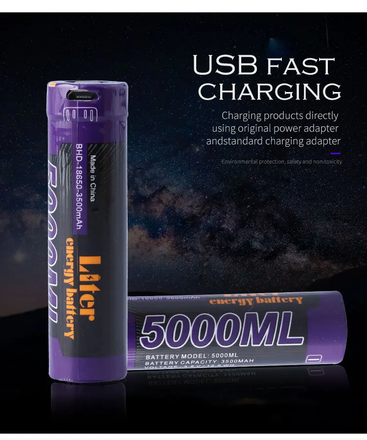 USB 3.7 V 18650, 3500mAh Li-Ion rechargeable USB battery with LED light DC-charging indicator