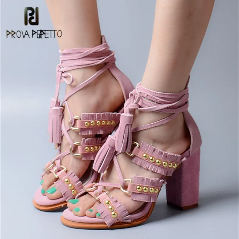 

Prova Perfetto Pink Suede Summer Women Sandals Fringed Chunky High Heels Lace Up Rivets Studded Gladiator Sandal Women Pumps