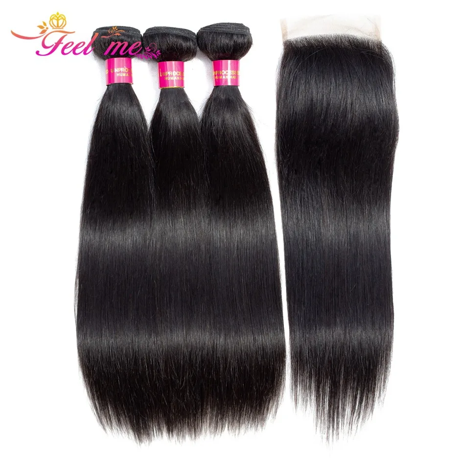 

FEEL ME Straight Hair Bundles With Closure Peruvian Hair Bundles With Closure 3 Bundles Remy Human Hair With Closure
