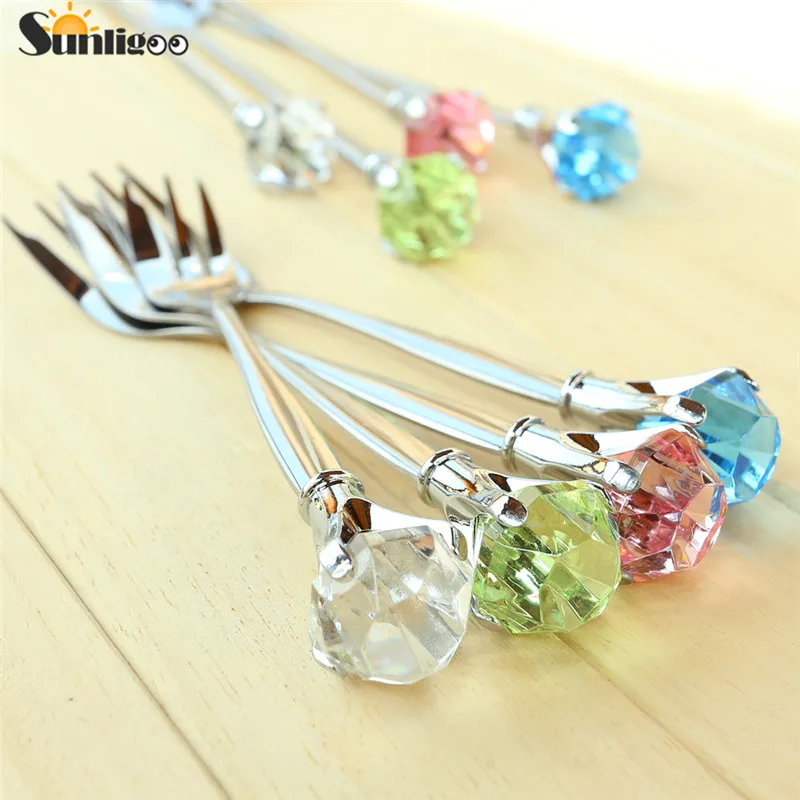 

Sunligoo 2pcs Classy Crystal Diamond Stainless Steel Short Spoon + Fork Tableware Set Muddler Brand new