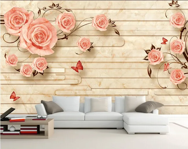 Пользовательские papel де parede 3 d, Роза мраморная плитка фрески для гостиной спальни ТВ фон стены шелковые обои