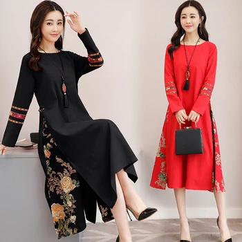 

Improved long Cheongsam dress Spring autumn New Fashion Modern cotton Qipao Chinese-style Cheongsam dress for women