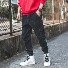 Японский стиль, модные мужские джинсы, штаны для бега, на лодыжке, с большим карманом, брюки-карго, Осень-зима, хип-хоп, полосатая нашивка, панк джинсы