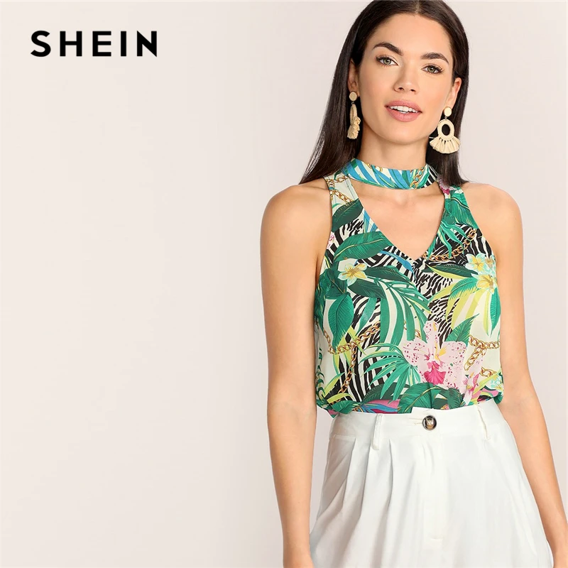 

SHEIN Boho Multicolor V Cutout Front Knot Back Tropical Print Stand Collar Tank Top Women Summer Elegant Workwear Vest Tops