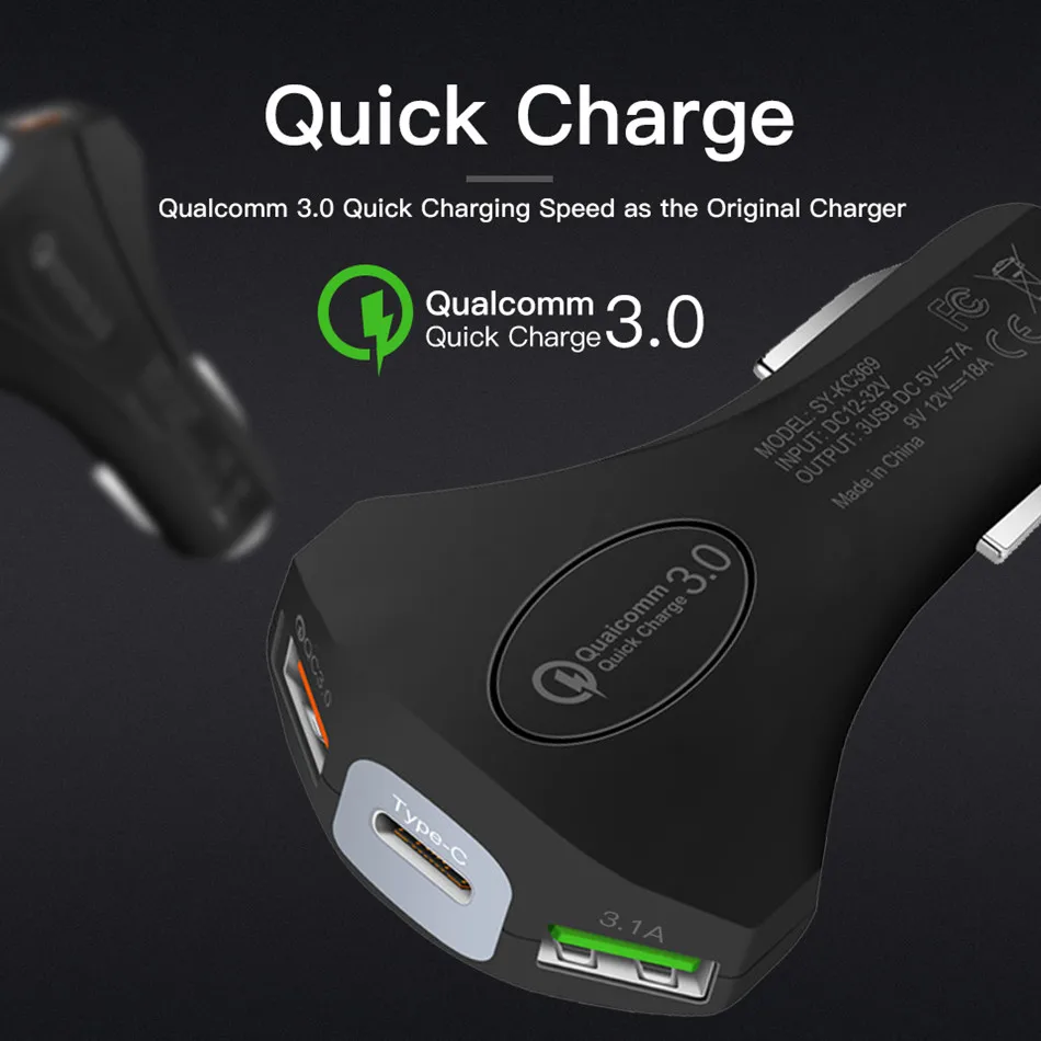 Автомобильный USB Зарядное устройство Quick Charge 3,0 Мобильный телефон Зарядное устройство Тип с 2 портами(стандарт для быстрого автомобильного Зарядное устройство для Xiaomi iPhone samsung планшет автомобильный-Зарядное устройство