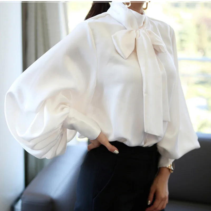 

EWQ] 2019 New Fashion Spring Stand Collar Wild Loose Chiffon Long Lantern Sleeve Bow Cravat Casual Pullover Shirt Woman BL083