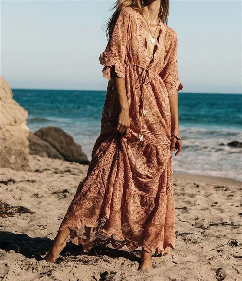 Роскошное длинное пляжное платье с запахом, Элегантный купальный костюм, розовая Кружевная туника, Пляжное Платье, халат, кафтан для женщин, туника A67