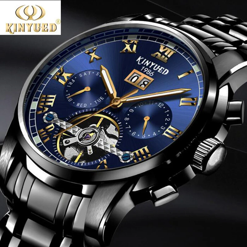 

KINYUED Stainless Steel Mechanical Wristwatches Men Skeleton Tourbillon Relogio Masculino Mechanical Watch Golden Edge Blue Dial