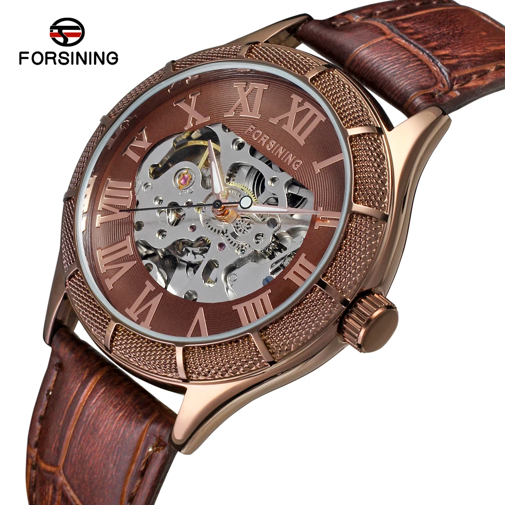 

FORSINING Brand Mens Vogue Coffee Leather Strap Skeleton Automatic Self Wind Mechanical Watch Roman Wristwatch Relogio Releges