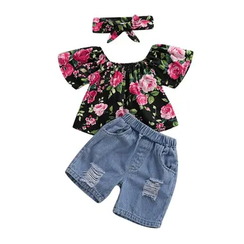

Baby Girls Off-shoulder Floral Print Tops Blouse+Denim Shorts Suits with Headband Casual Outfits Sets