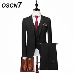 OSCN7 Клетчатый костюм Для мужчин 3 шт. Slim Fit Повседневное Бизнес Формальные Для мужчин костюмы модный костюм Homme XZ106