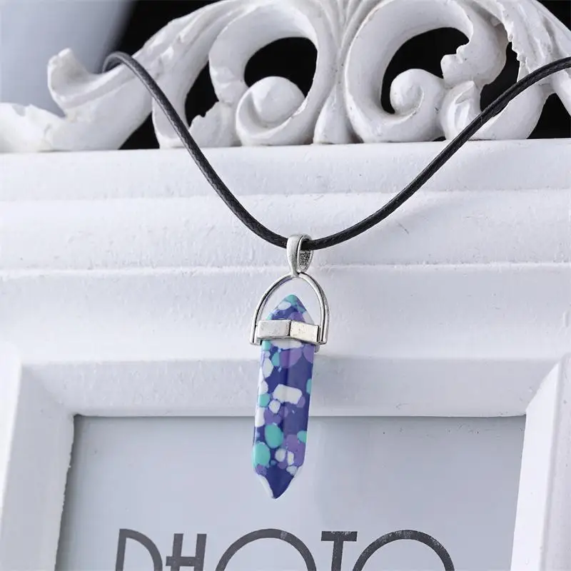 Шестиугольная колонна ожерелье s натуральный кристалл подвески розовый кулон с фиолетовым камнем кожаные цепи ожерелье для женщин ювелирные изделия