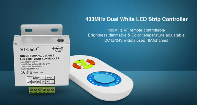 

Mi.Light FUT040 433MHz Dual White LED Strip Controller Brightness dimmable Color temperature adjustable for led tape DC12V-24V