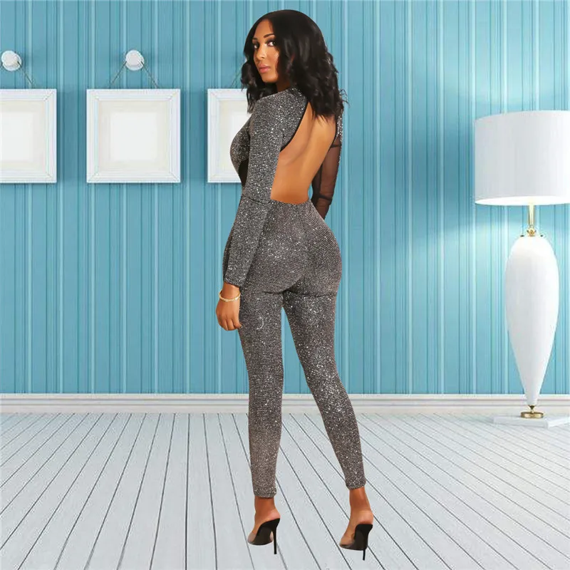 

Sexy bodysuit tracksuit rompers womens jumpsuit backless deep v-neck skinny sequins mesh hollow out overalls combinaison femme