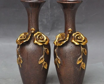 

10" Marked Chinese Bronze Gilt Roses flower Rose with Bottle Pot Jar Vase Pair