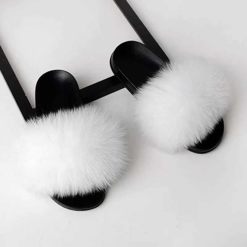 

2019 Real Fox Slippers Fluffy Slippers Fox Fur Slides Fuzzy Sliders Soft Plush Fur Mules Summer Shoes Women Slippers Women