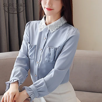 

spring 2019 new blue doll brought snow spins unlined upper garment of female Bertha long-sleeved chiffon shirt blusas1811 50