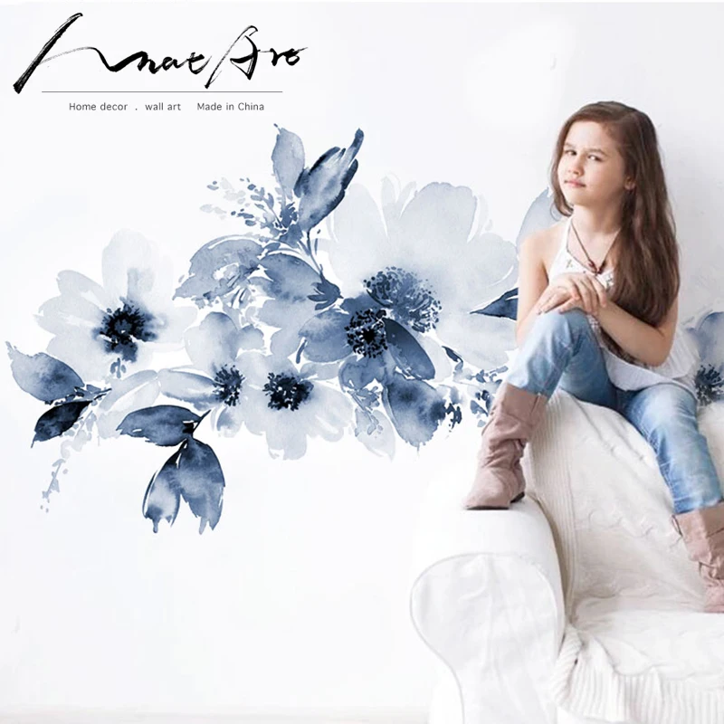 Floral Wall Sticker Bedroom Decor Painting Watercolor Home Decor Blue Abstract Sticker Nordic Home Decoration Accessories Diy Wall Stickers Aliexpress