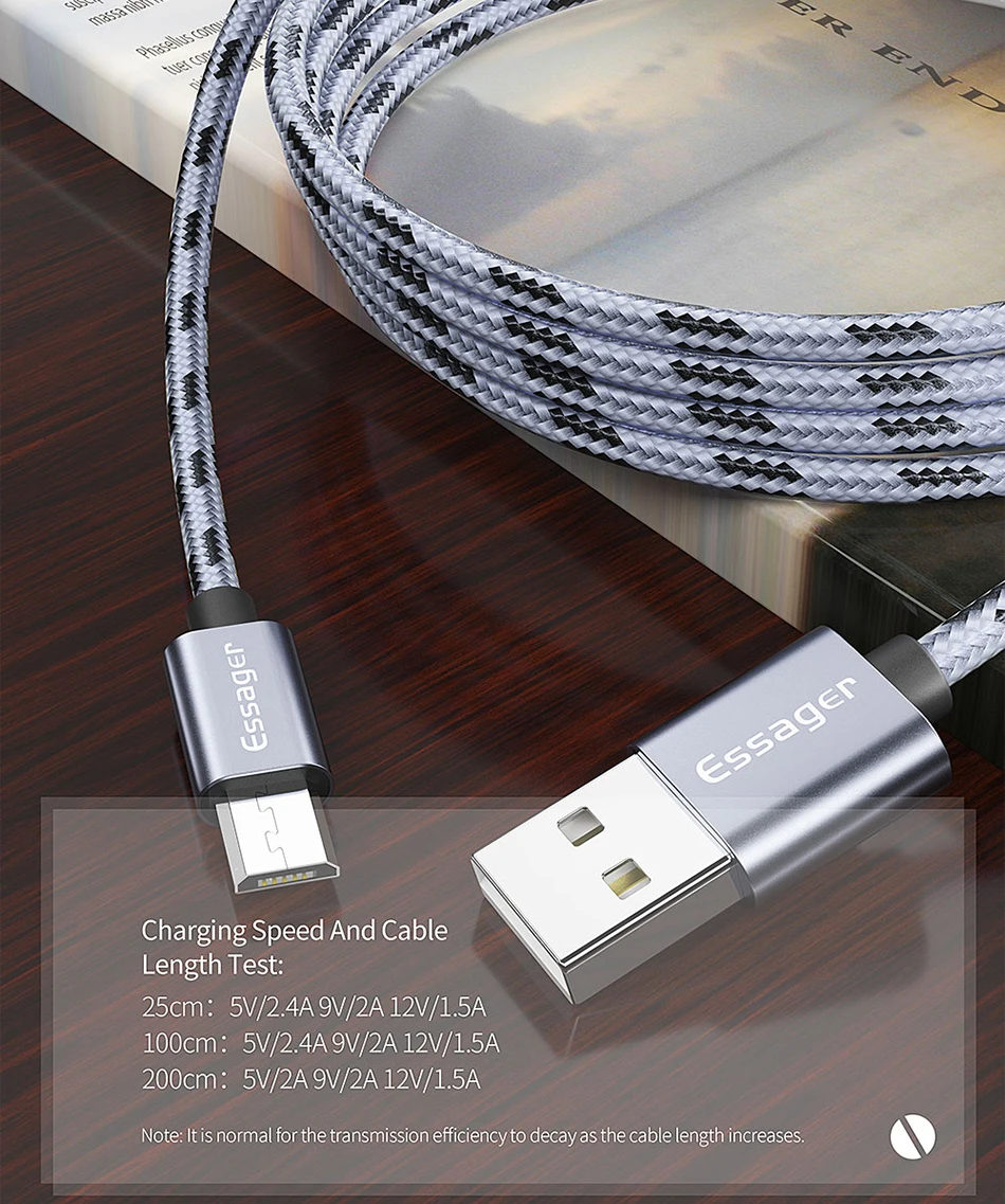 Essager нейлоновый Micro USB кабель 2.4A для быстрой зарядки и передачи данных кабель для samsung Xiaomi Microusb шнур 1 м 2 м кабели для мобильных телефонов