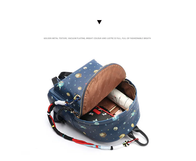 Girls Star Sky Space Planet Printing PU Backpack Women Big Shoulder BackPacks Dark Blue Faux Leather School bag for Teenagers (7)