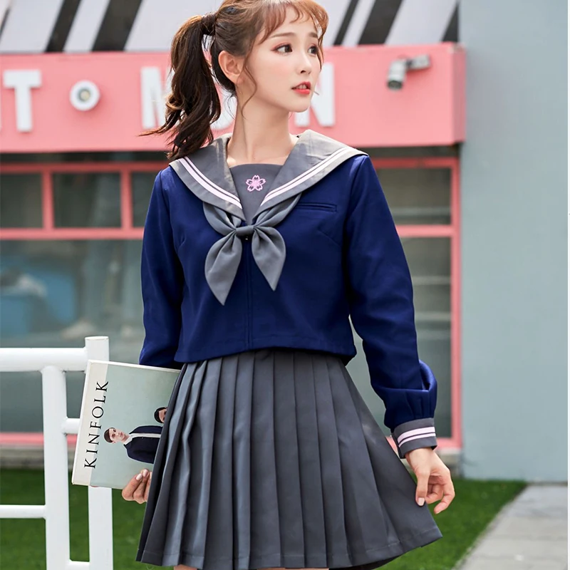 

UPHYD Pink Sakura Japanese Orthodox Korean Long Sleeve Sailor Shirt+Pleated Skirt Class School Lolita Uniform XJ7701