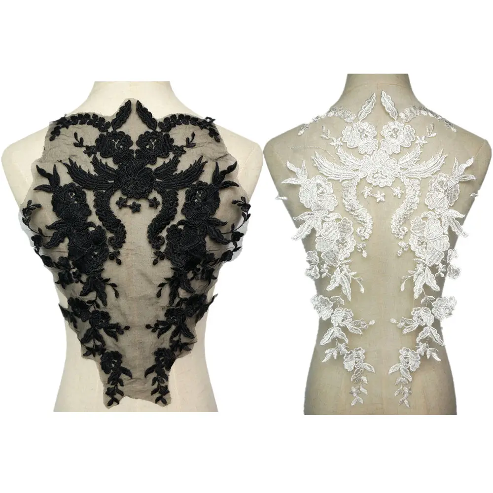 

Black White Flowers Wedding Gown Appliques Embroidered Fabric Collar Lace Trims Mesh Sew On Patch For Dress DIY Decoration