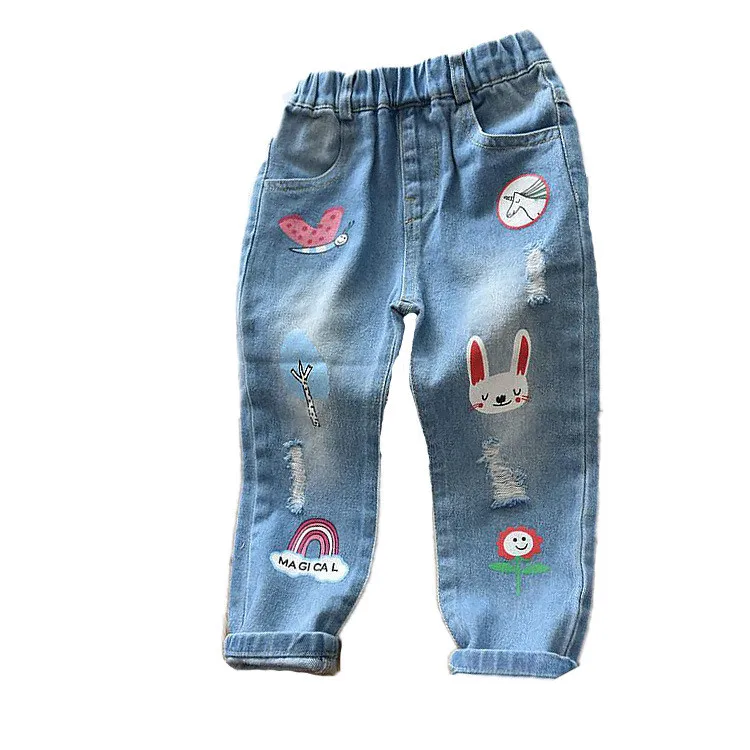 Милые джинсы с рисунком для девочек осенние детские повседневные брюки детские штаны с эластичной резинкой на талии