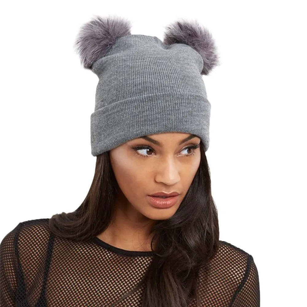 

2018 Women Knit Cap Winter Warm Crochet Skullies Hat Double Faux Fur Pom Pom Beanie Cap Solid Ladies Hats