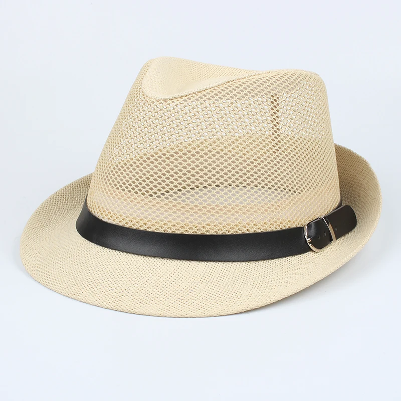 Male Large Size Straw Hats Summer Cool Mesh Panama Hat Big Head Man Plus Size Fedora Hat 58cm 60cm - Цвет: Beige