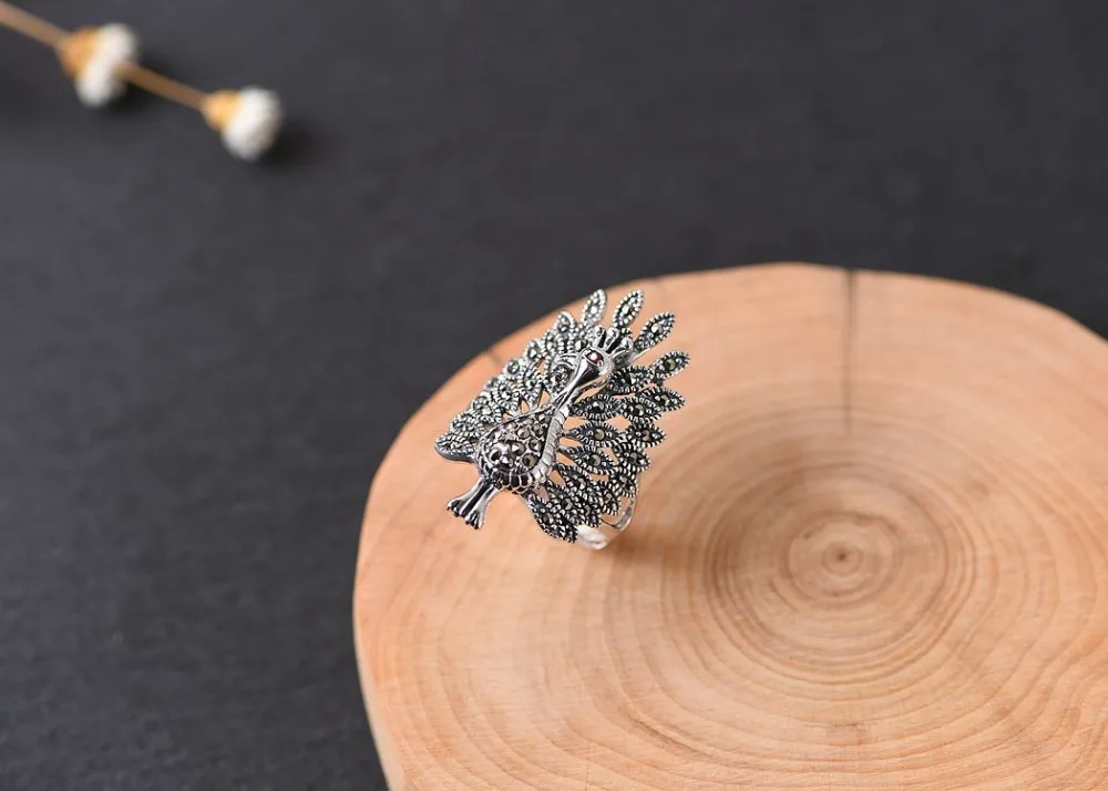 BALMORA 925 Sterling Silver Peacock Animal Open Rings for Women Lady Lover Retro Inlay Marksay Stone Jewelry Anillos MKS20340