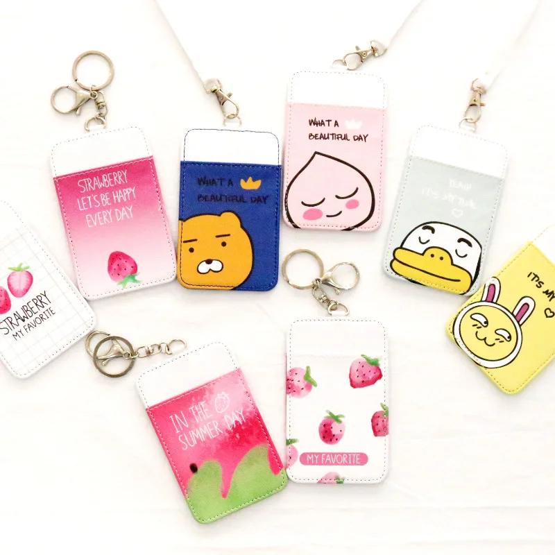 

Women Leather Card Holder Small Fresh Cute Fruit Bus ID Bank Credit Cards Case Kids Cartoon Pink Strawberry Cover With Keychain