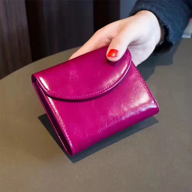 

Mini Woman Wallet & Short Purse Genuine Leather Card holders Oil Wax Cow Leather Hot Pink Purple Green Brown Orange Blue