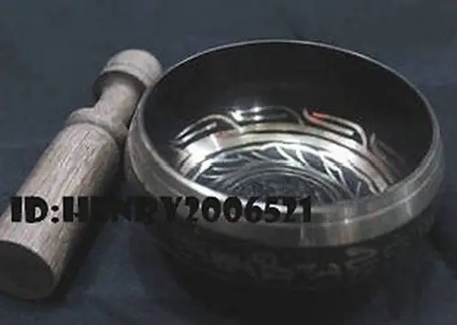 

3.8" Collectibles Rare Superb Tibetan OM Ring Gong YOGA Singing Bowl Antique Garden Decoration Silver Brass
