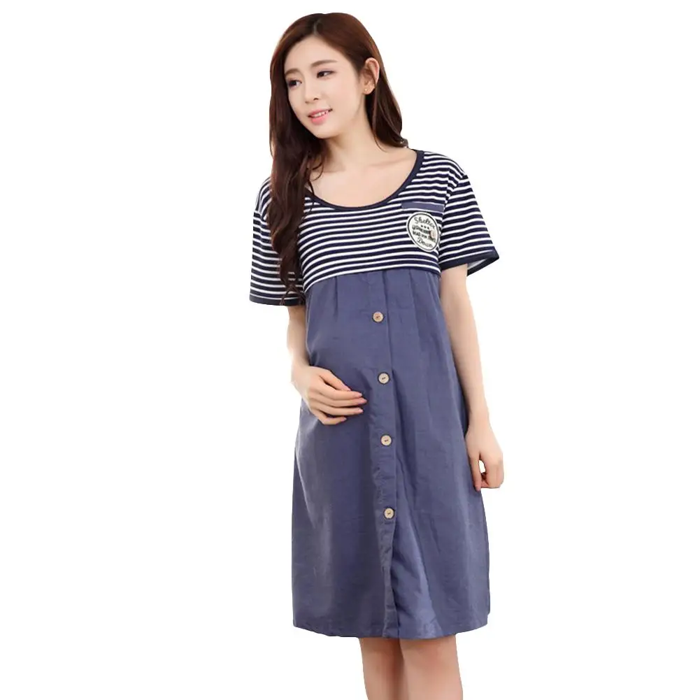 

Women Summer Loose Leisure Maternity Short-sleeved Denim Striped Dress Breastfeeding Dress