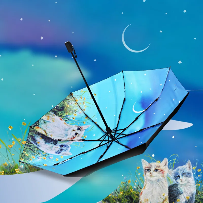 

Creative Fashion Cat Sky Illustration Rain & Sun Umbrella 3 Folding Thickening Sunshade Anti UV Women Art Umbrellas Paraguas
