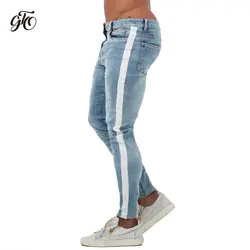 Gingtto 2019 Мода Полосатый обтягивающие мужские джинсы Синий Для мужчин s узкие брюки ботильоны плотно джинсовые штаны боковой полосой большой