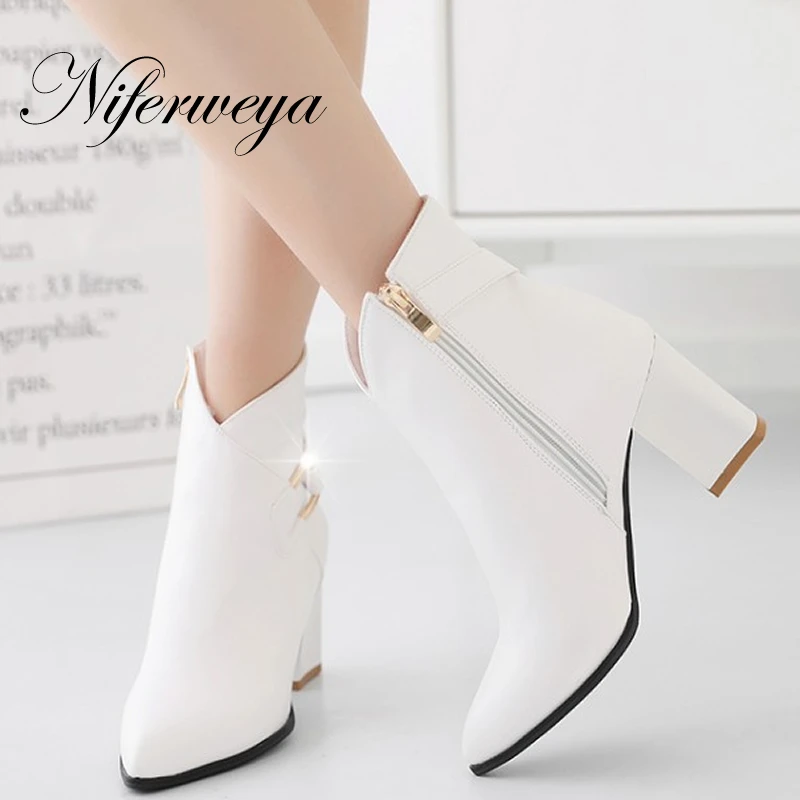 

Metal Decoration spring/autumn women shoes Fashion Pointed Toe thick heel high heels Big size 32-42 winter zipper Ankle boots