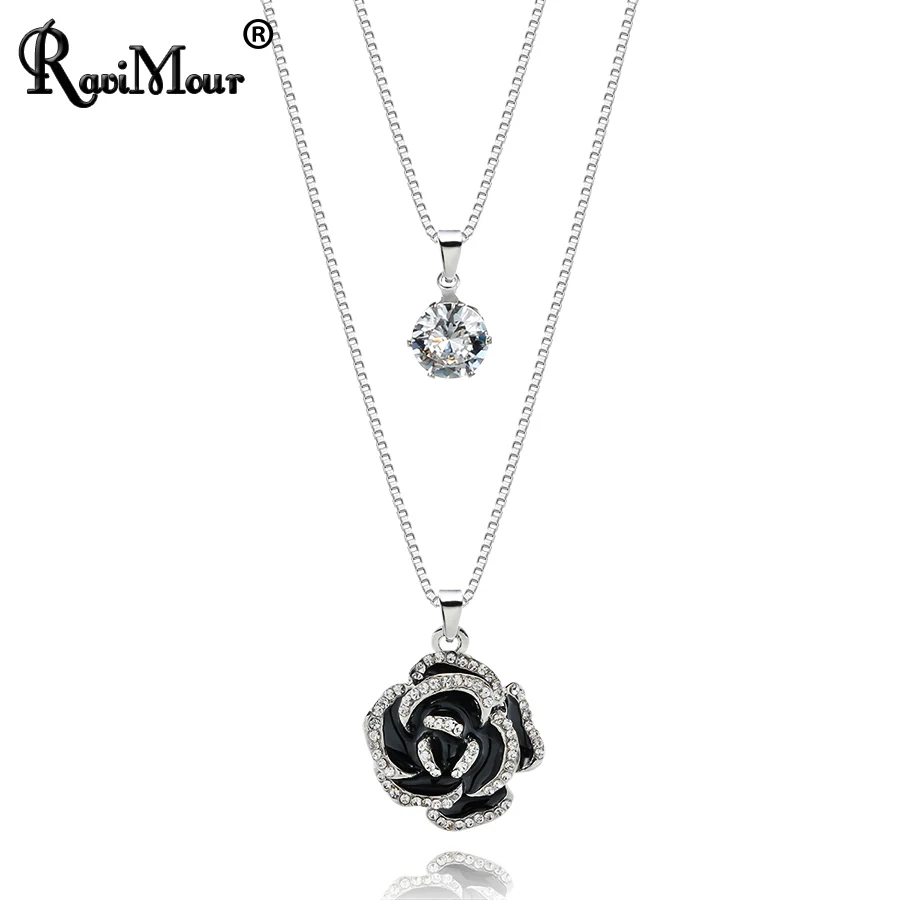 

RAVIMOUR Silver Chain Long Necklaces for Women Black Rose Flower Crystal Statement Necklace Pendant Ladies Valentine's Day Gift