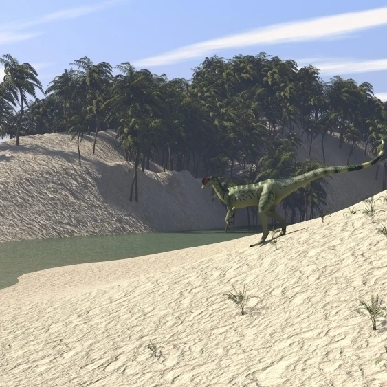 Dilophosaurus walking along the bay Poster Print (18 x 10)