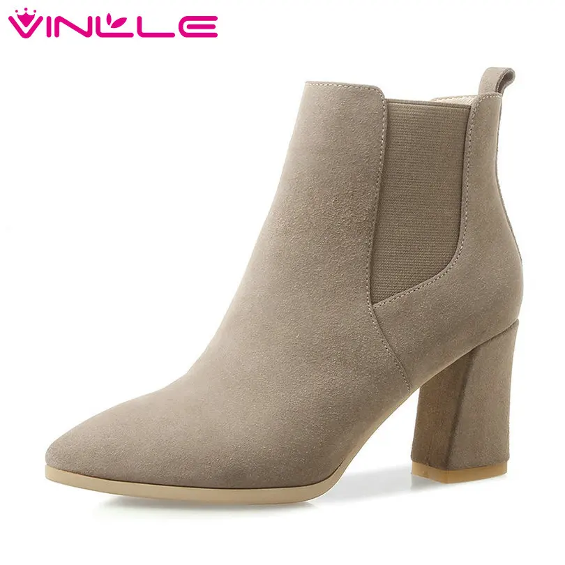 

VINLLE 2019 Shoes Woman Ankle Boots Pointed Toe Square High Heel Cow Suede+PU Slip On Ladies Motorcycle Boots Size 34-39