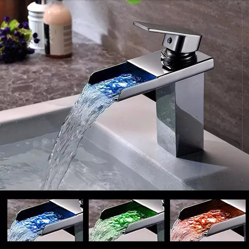 Free shipping soild brass chrome finish bathroom faucet 3 color led