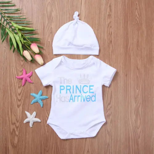 2018 Newborn Baby Boys Prince Fashion Short sleeve Bodysuit Jumpsuit Hat 2Pcs Set Summer Clothes