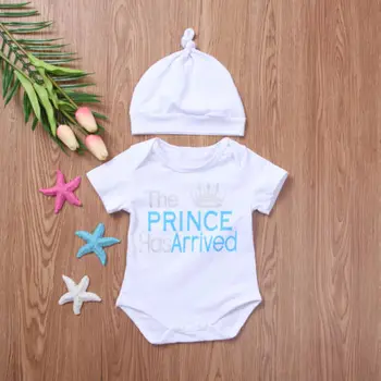 

2018 Newborn Baby Boys Prince Fashion Short sleeve Bodysuit Jumpsuit Hat 2Pcs Set Summer Clothes