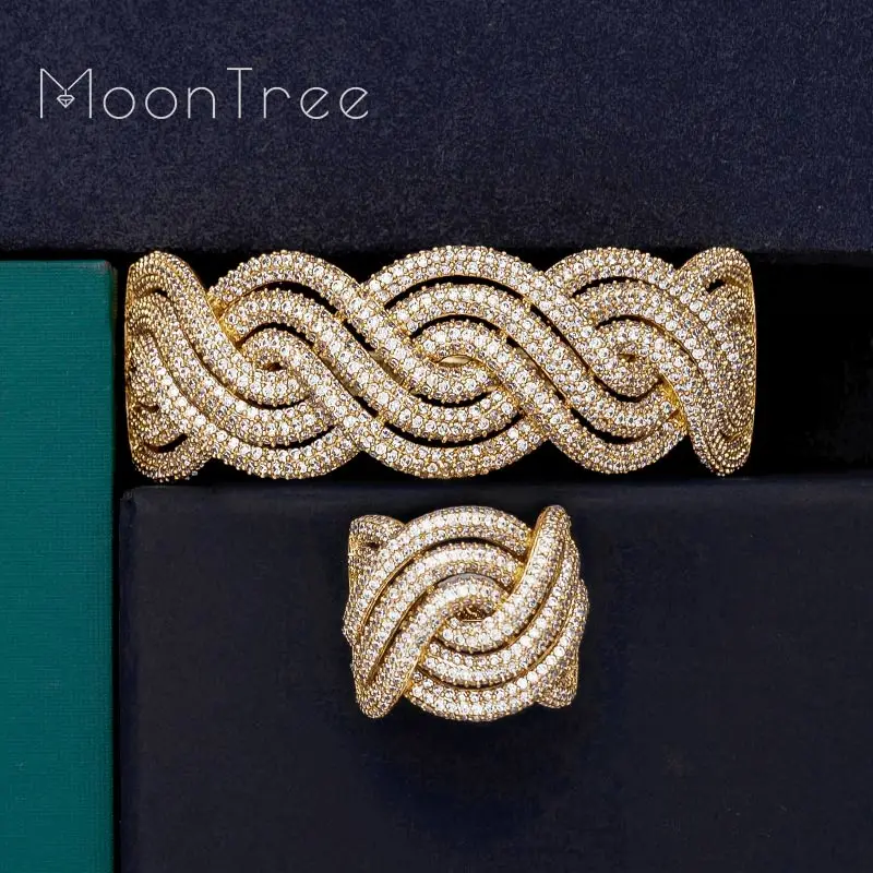 

MoonTree Luxury Rhinestones Twist Shape Flower AAA Cubic Zircon Wide Bangle Ring Set Gold Color Plated Large Rings