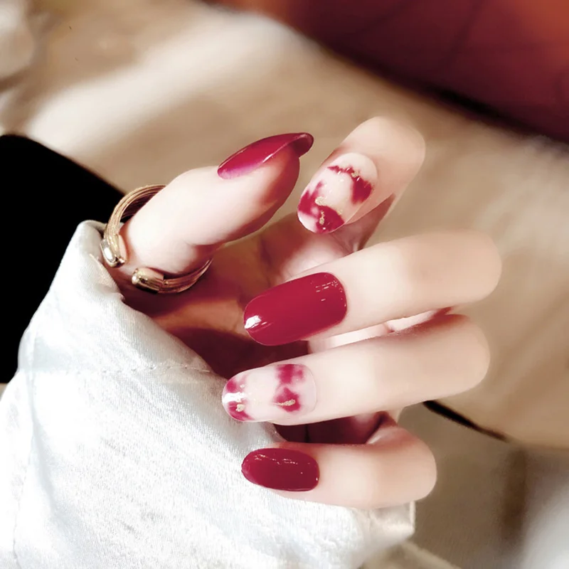 

Short size fake Nails Rendering square head Almond Diy Nail Art Accessory 24 PCS Tips Wine red gradient Fake nails with glue