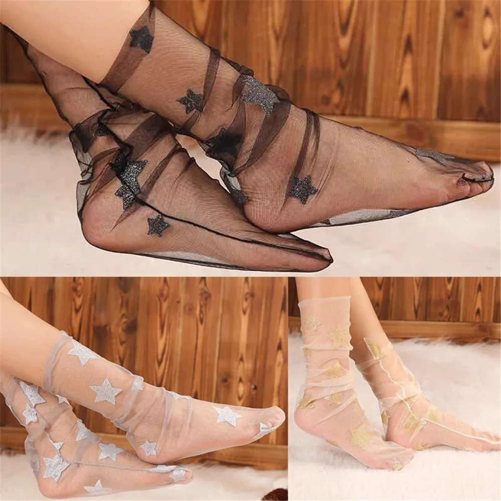 

sock women New Fashion 2019 Glitter Star Soft Mesh Transparent Elastic Sheer Ankle socks in Beige black Gray Pink