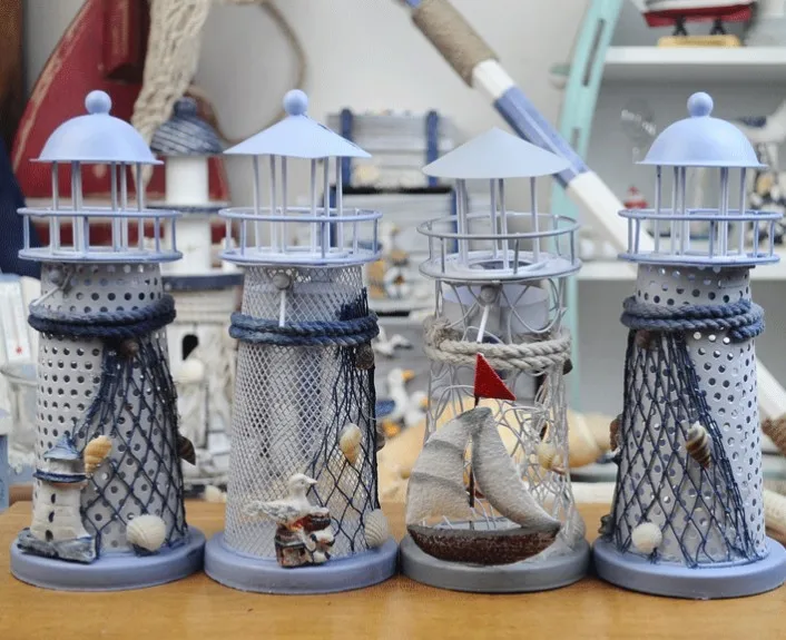 Free Shipping! Mediterranean Ocean Style Metal Lighthouse Shape Candle Holder Lantern mixed