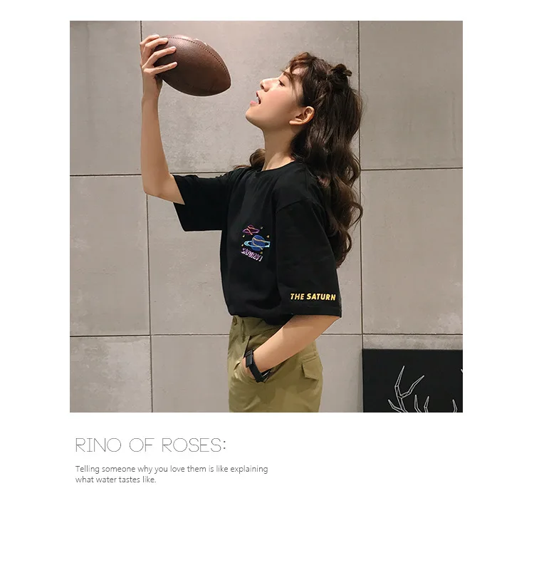 2018 Halajuku Cotton Planet Printed Letter Embroidered Loose Causal Short Sleeve Female T-shirts