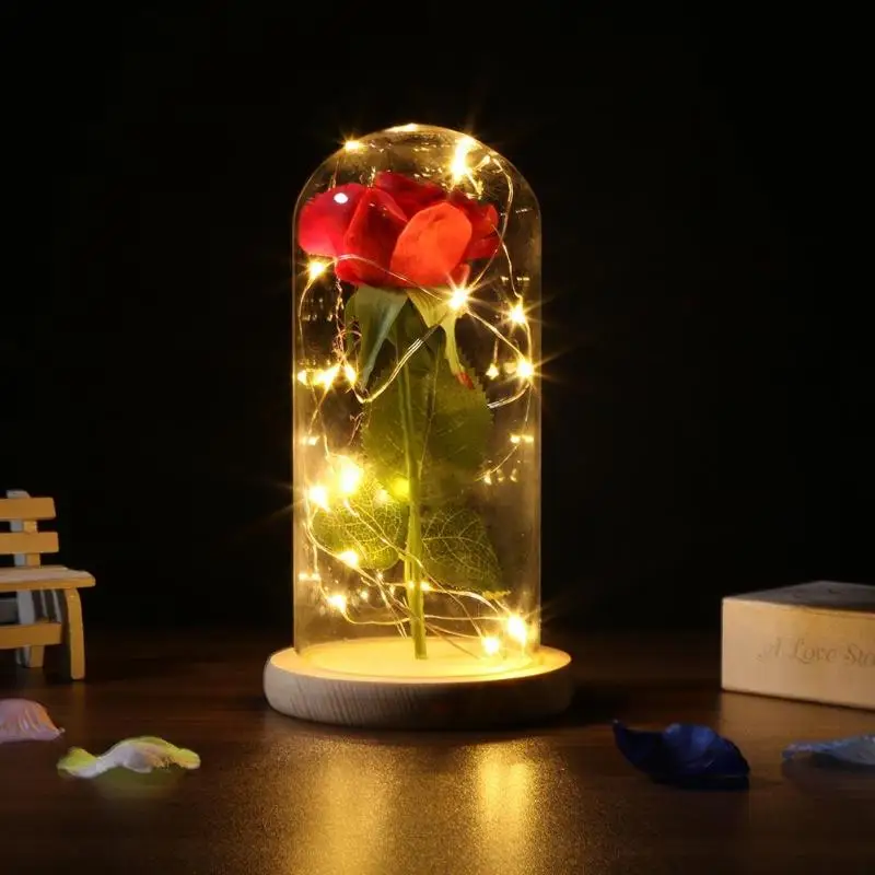 Модные деревянное основание светодиодный розы декоративные Стекло купол ночника сушеные цветочный Декор для дома для рождественские